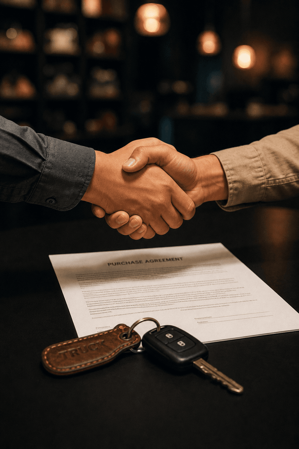 Two people shaking hands over a set of truck keys at a closing